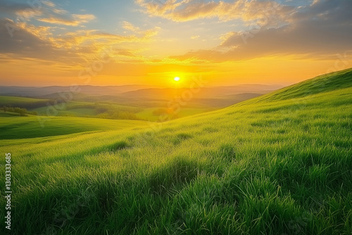 a beautiful sunset over a grassy valley with clouds in the sky and a sun setting over the hills in the distance
