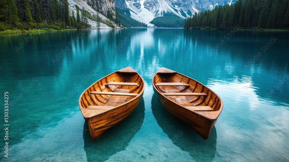 This serene lake scene features two beautifully crafted wooden boats floating peacefully on crystal-clear turquoise waters, surrounded by majestic mountains and lush greenery. This serene lake scene features two beautifully crafted wooden boats floating peacefully on crystal-clear turquoise waters, surrounded by majestic mountains and lush greenery.