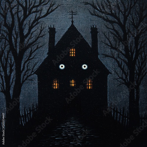 Spooky haunted house with glowing windows in a dark forest.