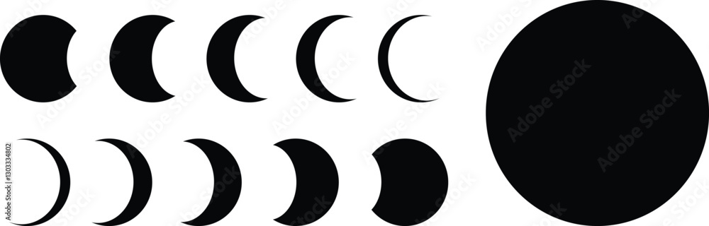 Moon Phases Icon Set - Vector Lunar Cycle Illustrations in Black Silhouette Moon Phases Icon Set - Vector Lunar Cycle Illustrations in Black Silhouette