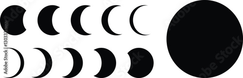 Moon Phases Icon Set - Vector Lunar Cycle Illustrations in Black Silhouette