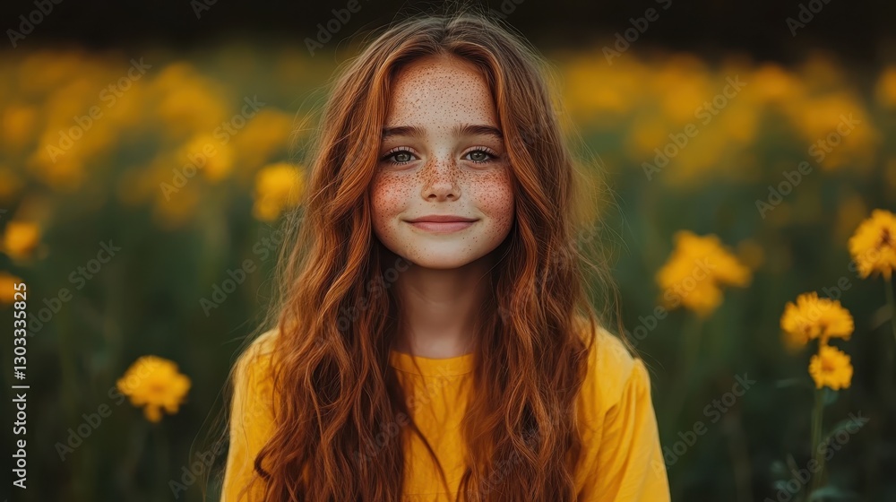 A cheerful girl stands amidst a vibrant field of yellow flowers, wearing a bright yellow shirt that complements her fiery red hair and playful freckles beautifully. A cheerful girl stands amidst a vibrant field of yellow flowers, wearing a bright yellow shirt that complements her fiery red hair and playful freckles beautifully.