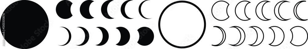 Moon Phases Icon Set - Solid & Outline Vector Lunar Cycle Illustrations Moon Phases Icon Set - Solid & Outline Vector Lunar Cycle Illustrations