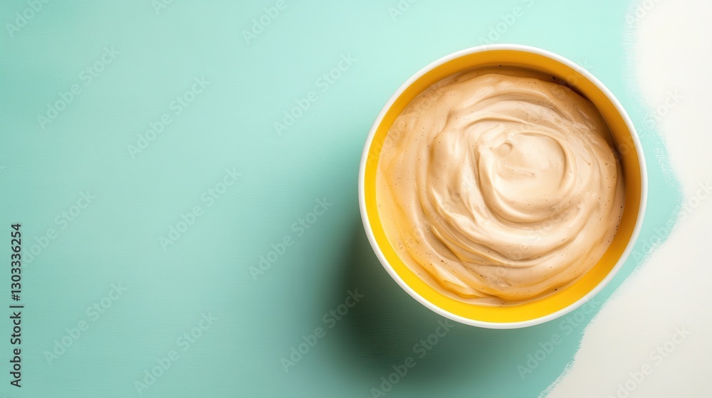 An enticing bowl of creamy dessert, artfully swirled and placed against a soft turquoise background, exuding a sense of calm and delight perfect for any sweet tooth. An enticing bowl of creamy dessert, artfully swirled and placed against a soft turquoise background, exuding a sense of calm and delight perfect for any sweet tooth.
