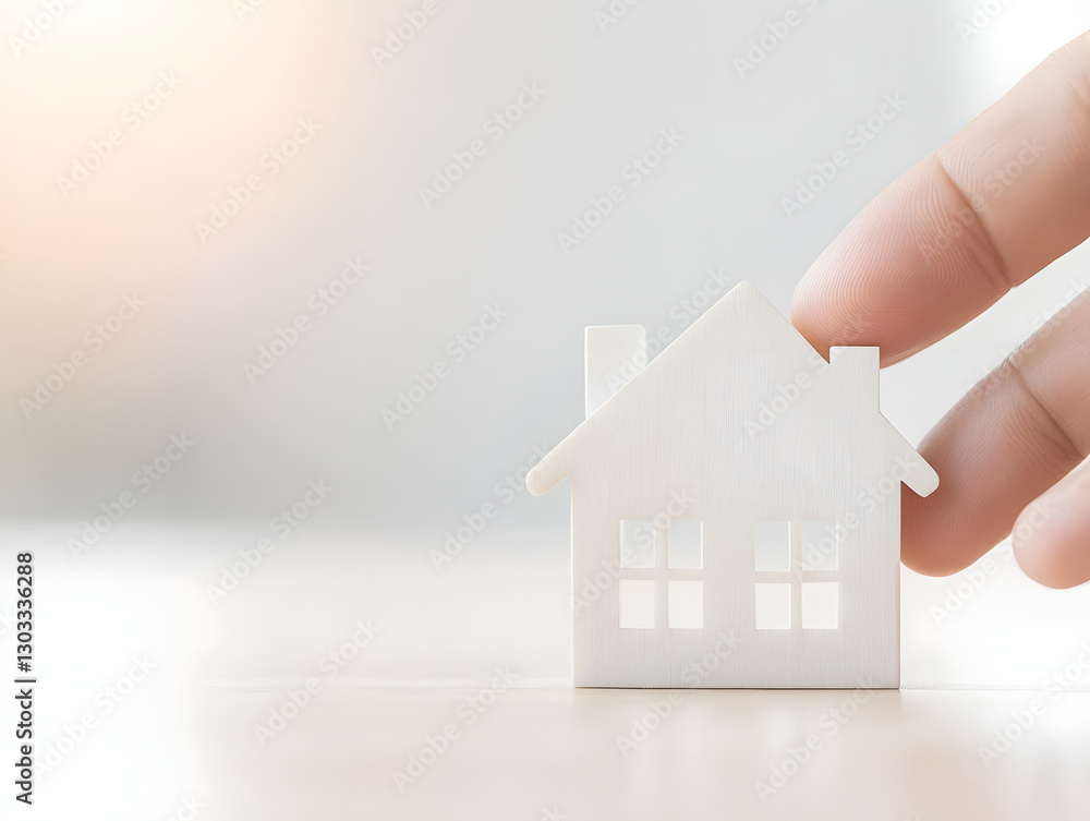 hand gently touching small white house figure, symbolizing home and comfort. soft background adds warm and inviting atmosphere hand gently touching small white house figure, symbolizing home and comfort. soft background adds warm and inviting atmosphere