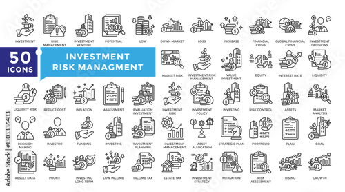 Investment Risk Management icon set in outline style. Complete Collection Including profit, goal, investment, assessment, growth, financial crisis, strategic plan, and more