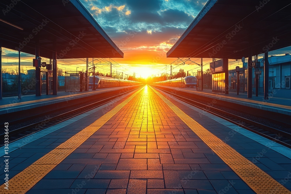 Fototapeta premium Empty train station platform at sunset. Ideal for travel, transportation, or journey themes.
