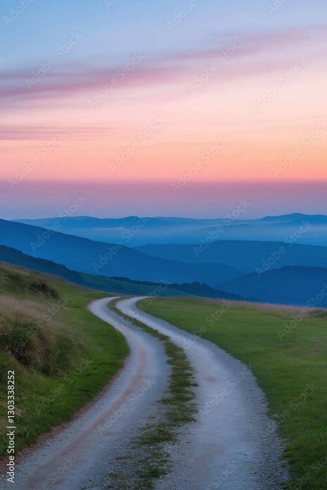 A road winds through a grassy field with mountains in the background. The sky is a beautiful mix of pink and blue hues, creating a serene and peaceful atmosphere A road winds through a grassy field with mountains in the background. The sky is a beautiful mix of pink and blue hues, creating a serene and peaceful atmosphere