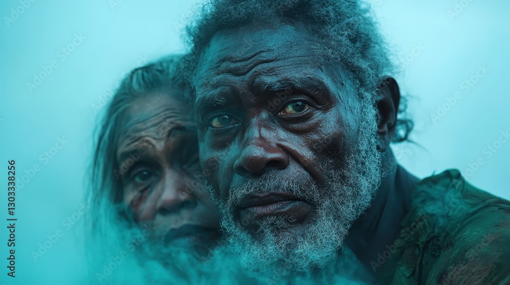 This striking portrait captures the deep emotions of an elderly couple, enveloped in a mystical atmosphere filled with soft smoke and evocative expressions, symbolizing connection. This striking portrait captures the deep emotions of an elderly couple, enveloped in a mystical atmosphere filled with soft smoke and evocative expressions, symbolizing connection.