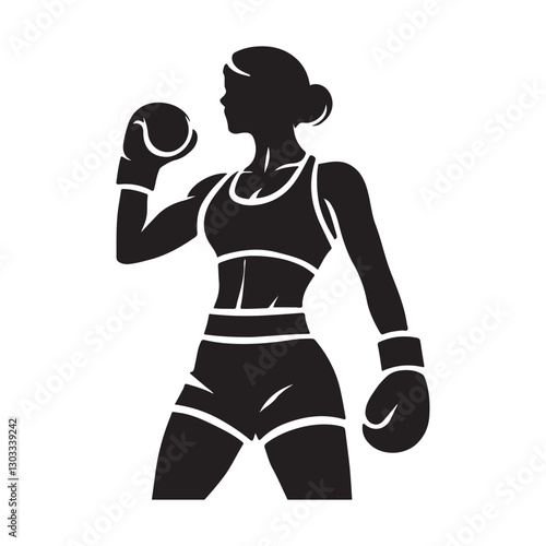 Female Boxer Silhouette Vector Illustration with Boxing Gloves Ready