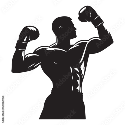 Strong Man Boxer Silhouette Celebrating Victory with Raised Boxing Gloves