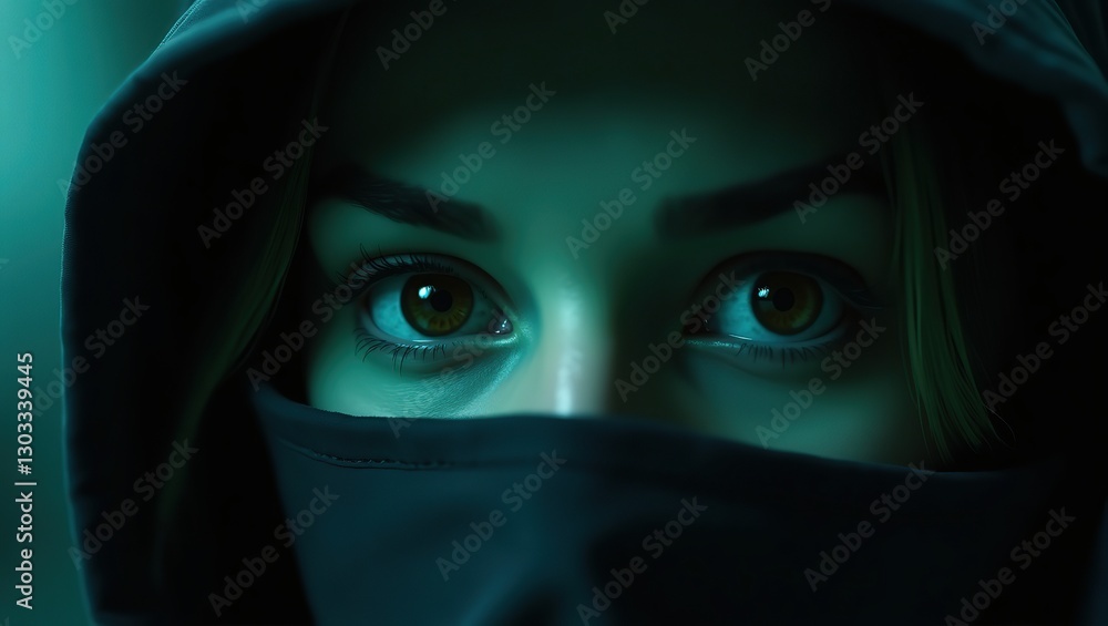 Mysterious Woman in Hood with Intense Eyes and Face Covered in Shadow Mysterious Woman in Hood with Intense Eyes and Face Covered in Shadow