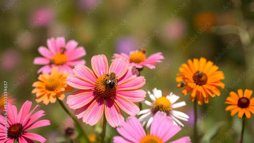 Obraz premium Vibrant coneflowers, pink and orange petals, macro photography, bee pollinating, blurred background, garden scene, soft natural lighting, summer wildflowers, colorful floral arrangement