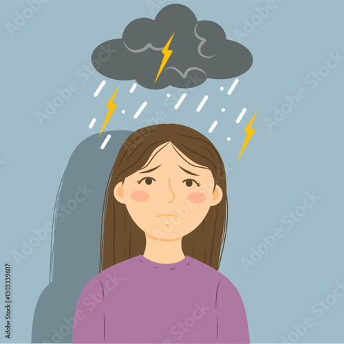 Illustration of portrays the weight of negative emotions. The dark storm cloud with lightning and rain illustrates stress, anxiety, or depression overwhelming her mind
