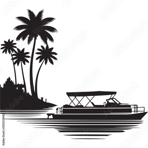 Relaxing Pontoon Boat Trip on Tropical Island Silhouette Vector