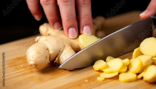 Slicing Fresh Ginger Root on Wood Cutting Board_ Healthy Food Prep