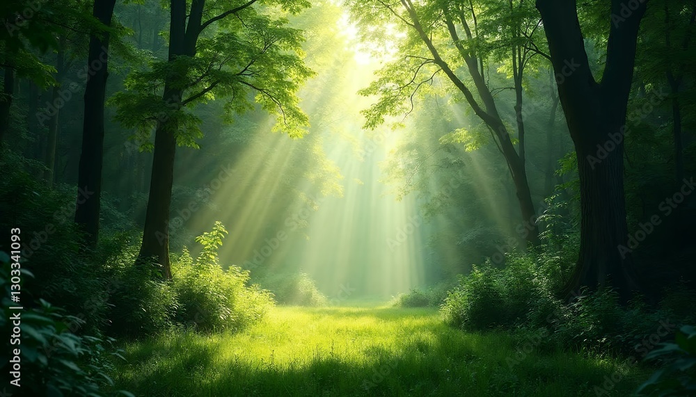 Fototapeta premium Sunbeams in Forest_ Green Landscape, Nature Scenery