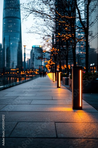 Night stroll by river with lights, city background, possible tourism brochure