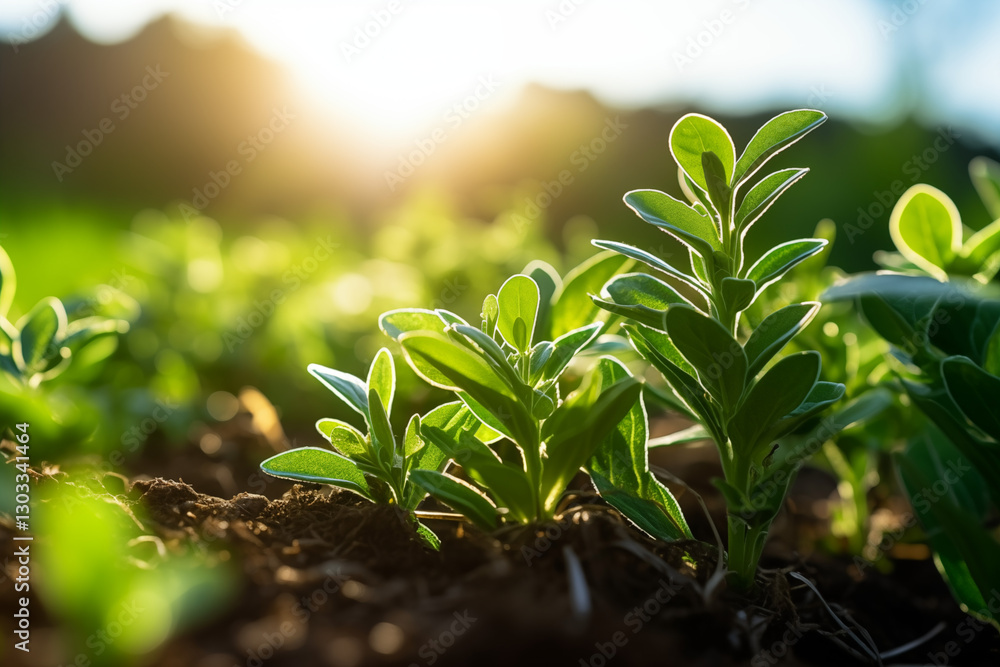 Fototapeta premium A close-up of organic stevia plants growing in a lush green field under soft natural sunlight