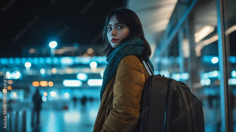Close-up of a woman holding a suitcase in an airport terminal, a travel concept Close-up of a woman holding a suitcase in an airport terminal, a travel concept