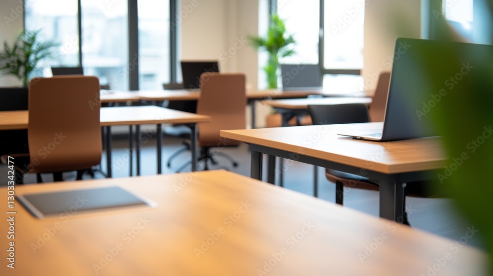 Modern office interior with empty desks, laptops, and greenery, creating a productive atmosphere Modern office interior with empty desks, laptops, and greenery, creating a productive atmosphere