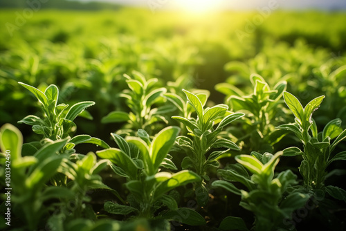 A close-up of organic stevia plants growing in a lush green field under soft natural sunlight