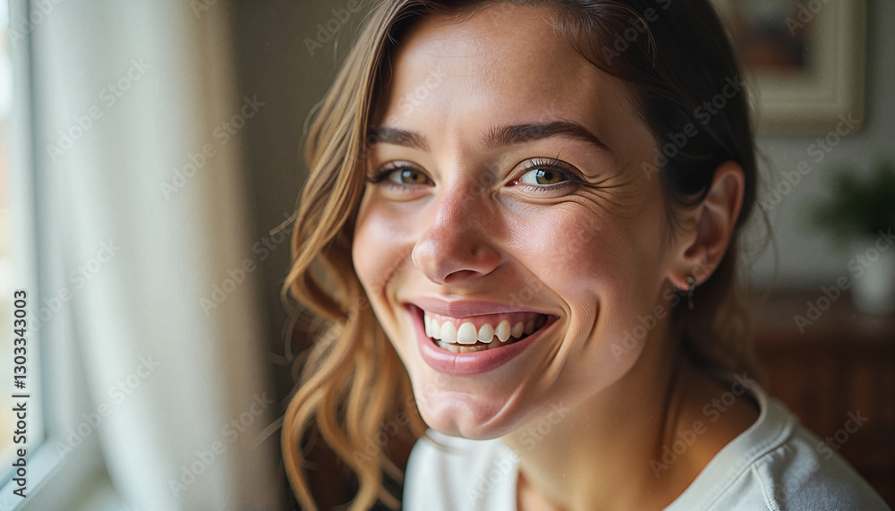 Smiling woman with a radiant expression sitting by a window in a cozy home environment Smiling woman with a radiant expression sitting by a window in a cozy home environment