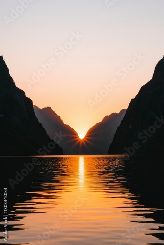 Mountain lake reflects sunset's glow in Norway. Travel, peace, tourism, serenity