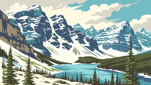 Vector illustration of a snowy mountain landscape in impressionist art style with thick brush strokes and bold colors
