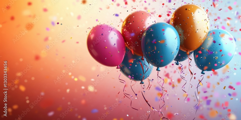 Colorful balloons and confetti create a festive atmosphere for a celebration or party Colorful balloons and confetti create a festive atmosphere for a celebration or party