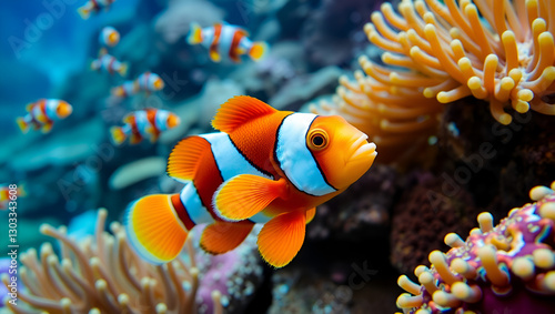 Clownfish, vibrant coral reef, underwater photography, tropical fish, anemone, orange and white stripes, blue ocean, marine life, colorful sea creatures, macro shot, clear water, aquarium scene, 