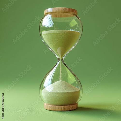 An ultra-realistic 8K image of a beautifully crafted glass hourglass with soft green sand gently trickling down