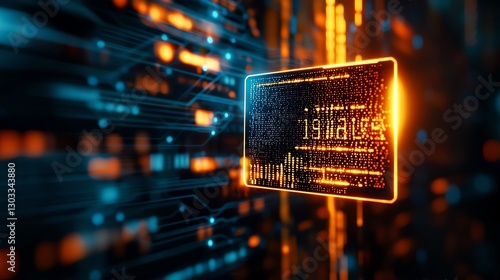 Futuristic digital credit card with glowing binary code, representing online transactions and secure payments.