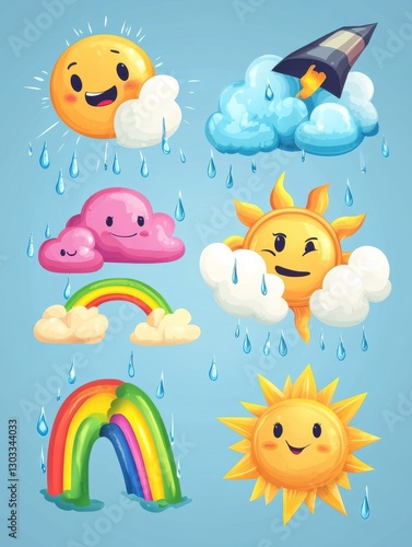Cute weather. Isolated rainbow, cartoon rain and hurricane. Funny and angry clouds, happy sun and tornado. Emotional nature vector icons