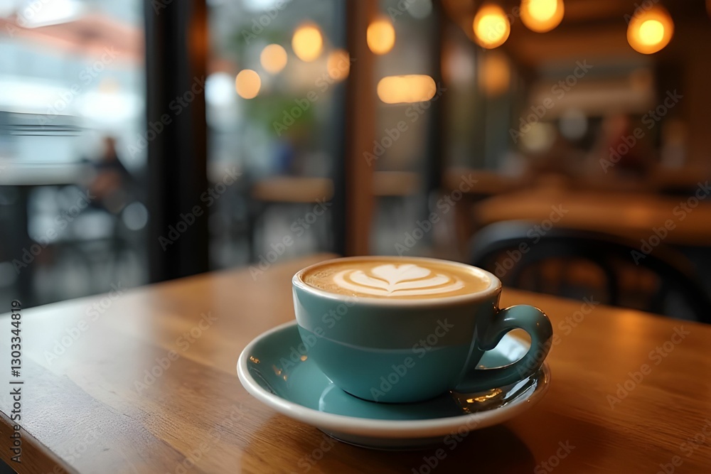 Obraz premium A cup of hot coffee on wood table with blurred cafe background. Morning refreshment. Coffee menu
