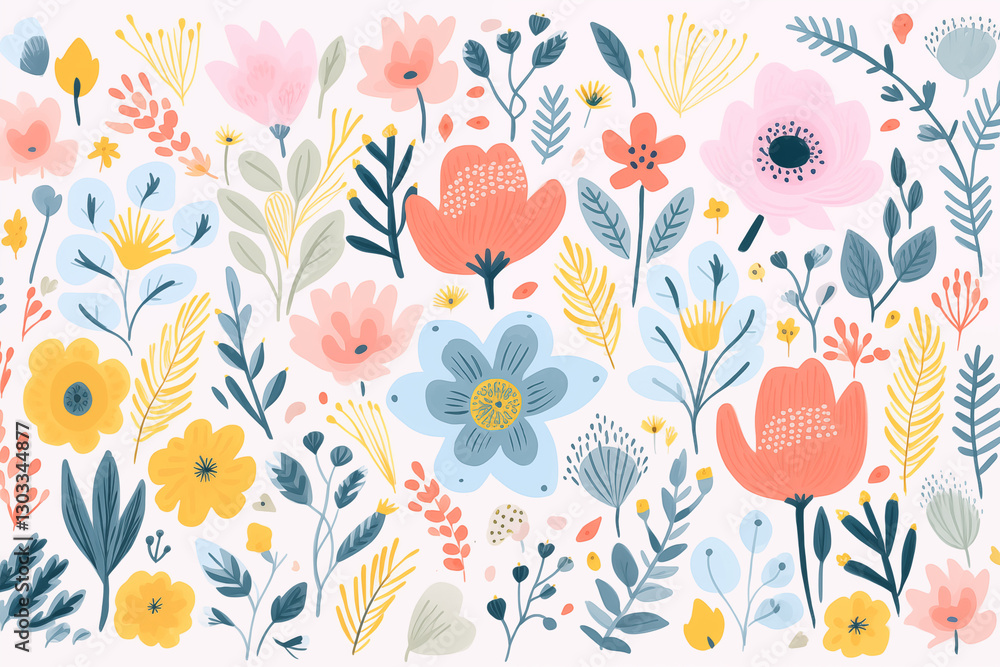 A design of hand-drawn floral spring pattern for card, banner, or horizontal poster A design of hand-drawn floral spring pattern for card, banner, or horizontal poster