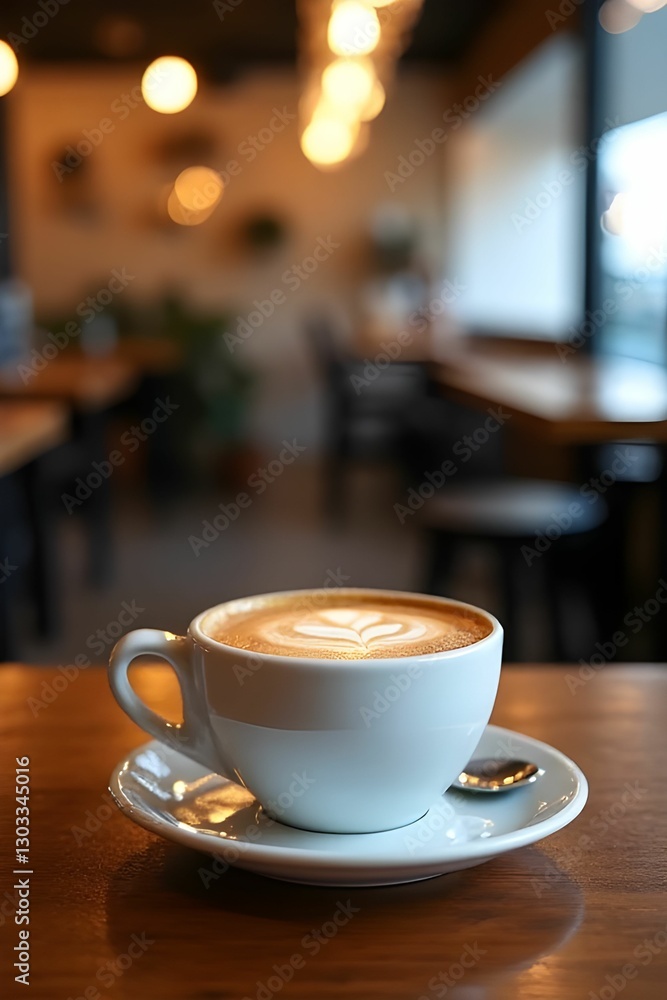 Obraz premium A cup of hot coffee on wood table with blurred cafe background. Morning refreshment. Coffee menu