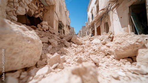 A once vibrant street now lies in ruin, scattered with debris and crushed buildings, showcasing the devastation left by a powerful earthquake, invoking feelings of loss and destruction. photo