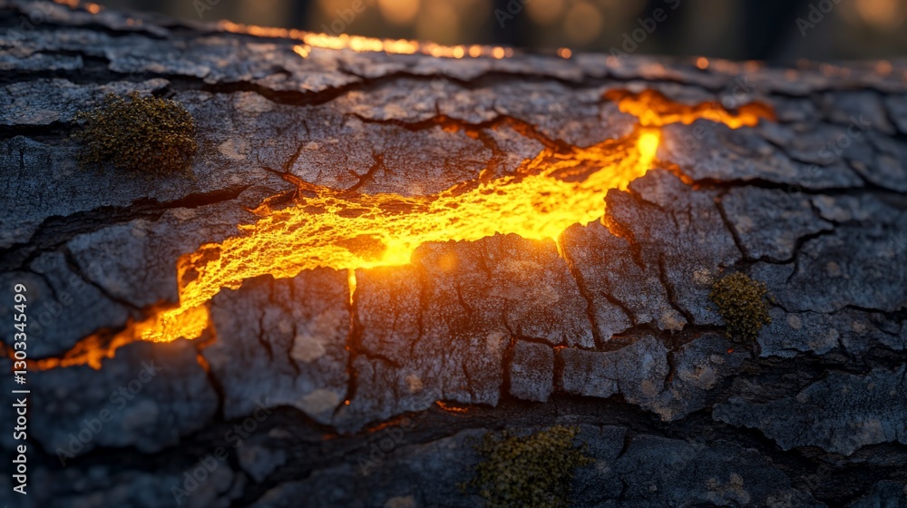 Glowing light emanates from cracked log in forest, blurred bokeh background Glowing light emanates from cracked log in forest, blurred bokeh background