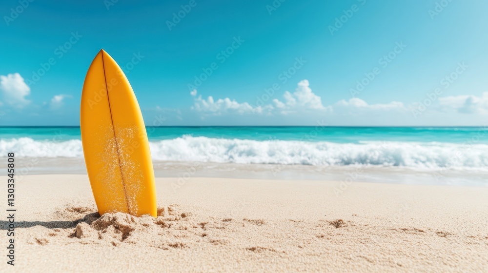 A stunning yellow surfboard standing upright in the sandy beach, framed by sparkling ocean waves and a flawless blue sky—inviting surfers and beachgoers alike. A stunning yellow surfboard standing upright in the sandy beach, framed by sparkling ocean waves and a flawless blue sky—inviting surfers and beachgoers alike.