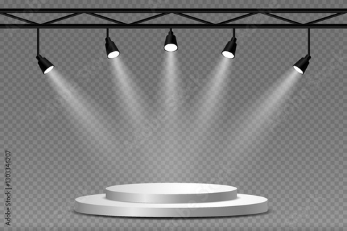 Studio and stage lighting. Glowing spotlights of light and podium.