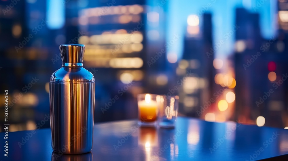 Elegant cocktail shaker on a rooftop bar with city skyline and glowing candles at dusk Elegant cocktail shaker on a rooftop bar with city skyline and glowing candles at dusk