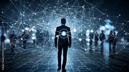 A visionary business leader navigating through the complex network of digital connectivity