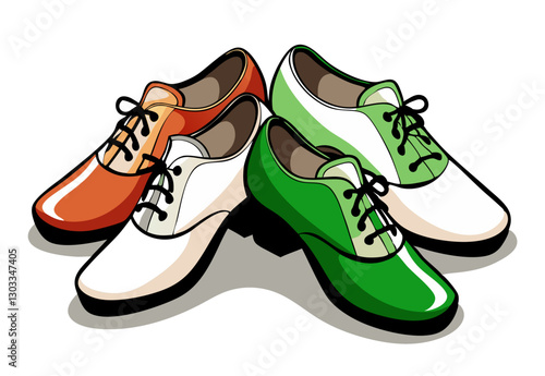 A pack of Irish dancing shoes, featuring classic hard shoes, soft ghillies, and tap shoes, isolated on a white background.
