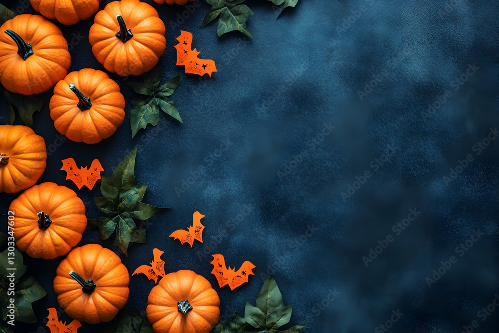 Modern Halloween background with pumpkins and bats, copy space Modern Halloween background with pumpkins and bats, copy space