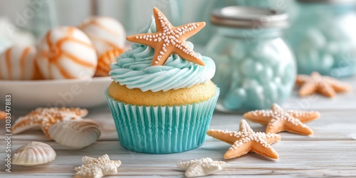Seaside Sweetness: A delectable cupcake, crowned with a starfish and sea-themed decorations, evokes the tranquility and charm of the coast.