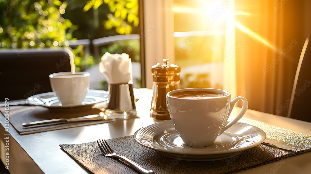 Obraz premium A table with two white cups and a silver coffee grinder. generated using AI