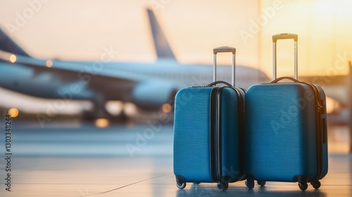 two traveler suitcases in the waiting area with airplane in the background