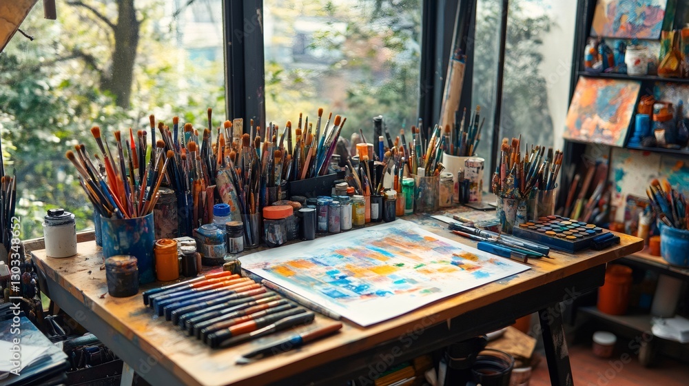 Painting table in art studio with brushes and palette Painting table in art studio with brushes and palette