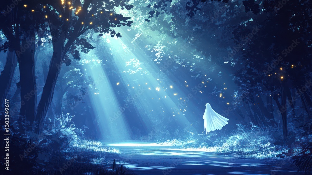 Obraz premium Ethereal figure in a mystical forest bathed in moonlight, fireflies illuminating the path.